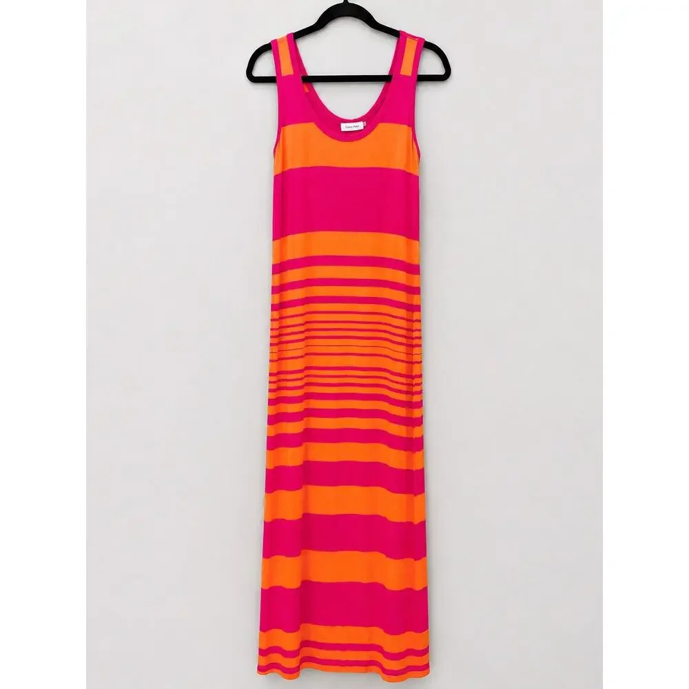 Calvin Klein Colorblock Stripe Maxi Dress Pink Orange Sleeveless Size 12